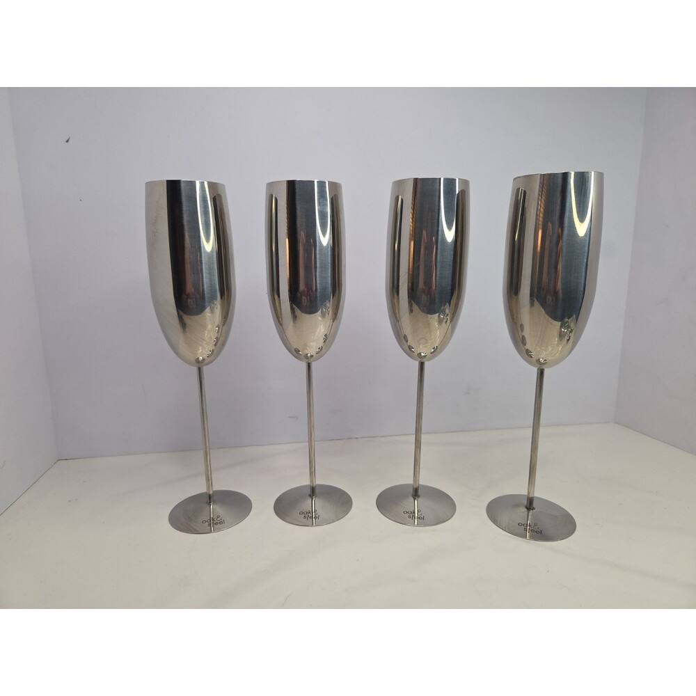 Oak & Steel 4 Silver Stainless Steel Champagne Flutes 10 oz Excellent Condition